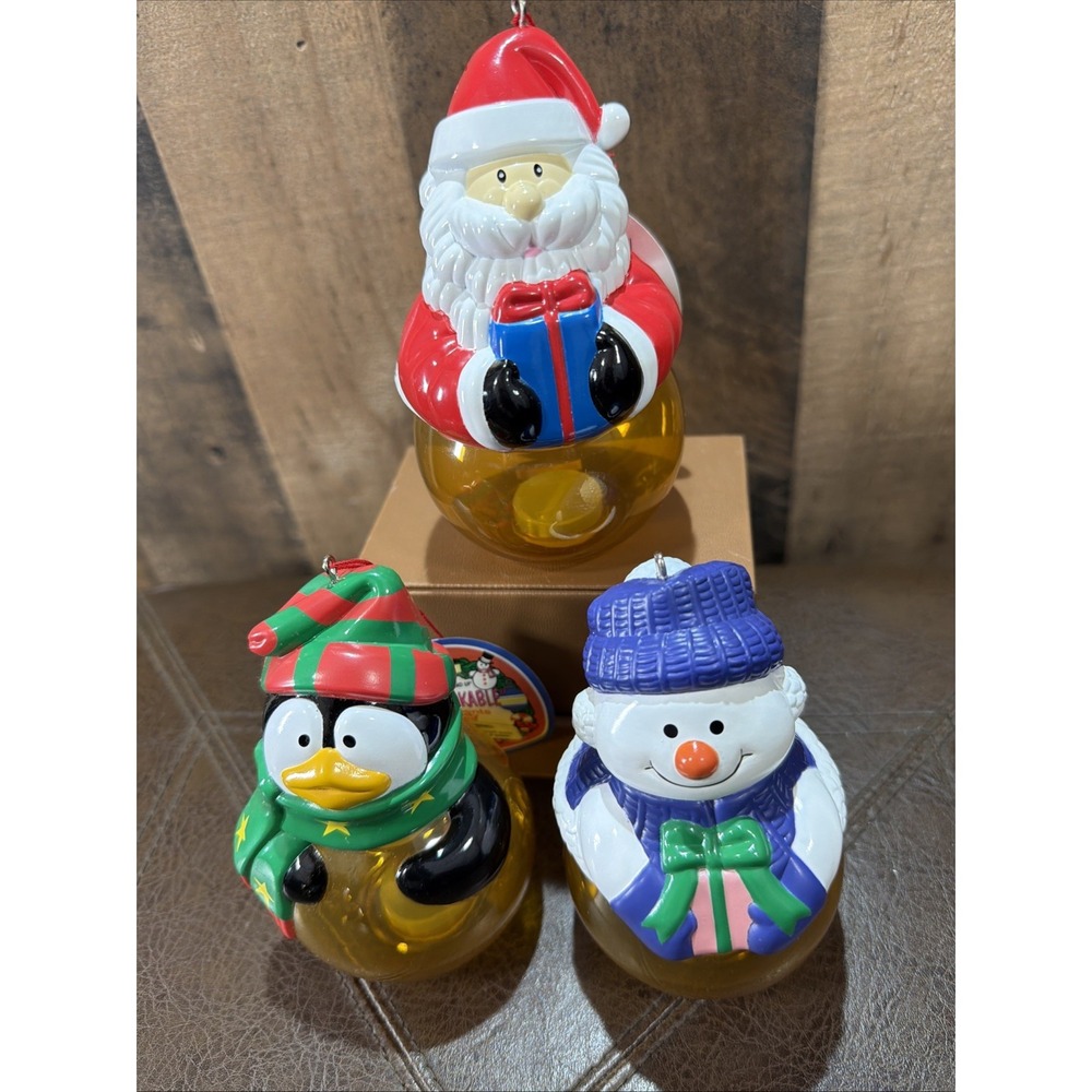 Hard Plastic Holiday Candy Containers 3 Ornaments Santa Penguin Snowman Vintage